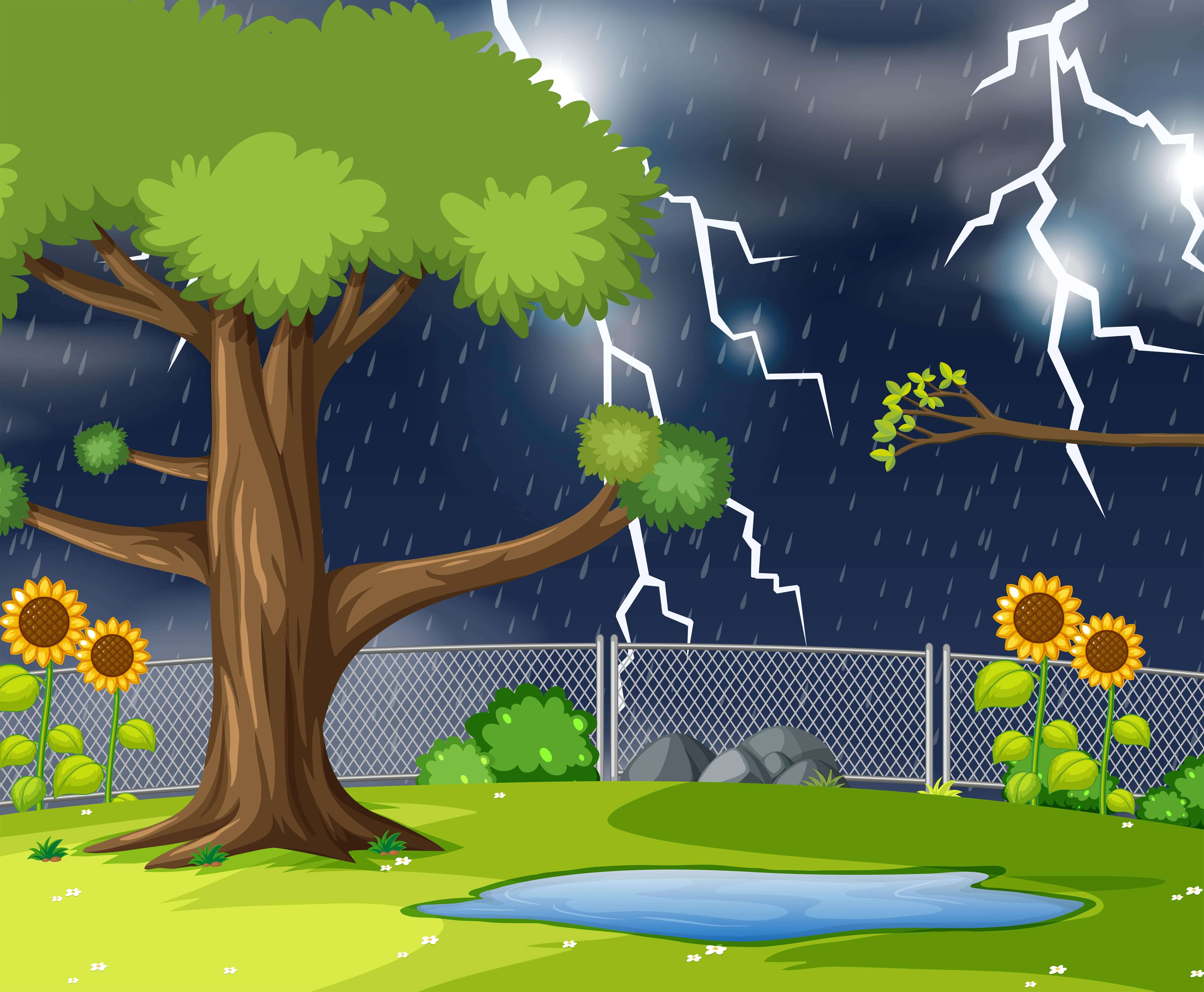 Animated night scene with trees sunflowers raining and lightning